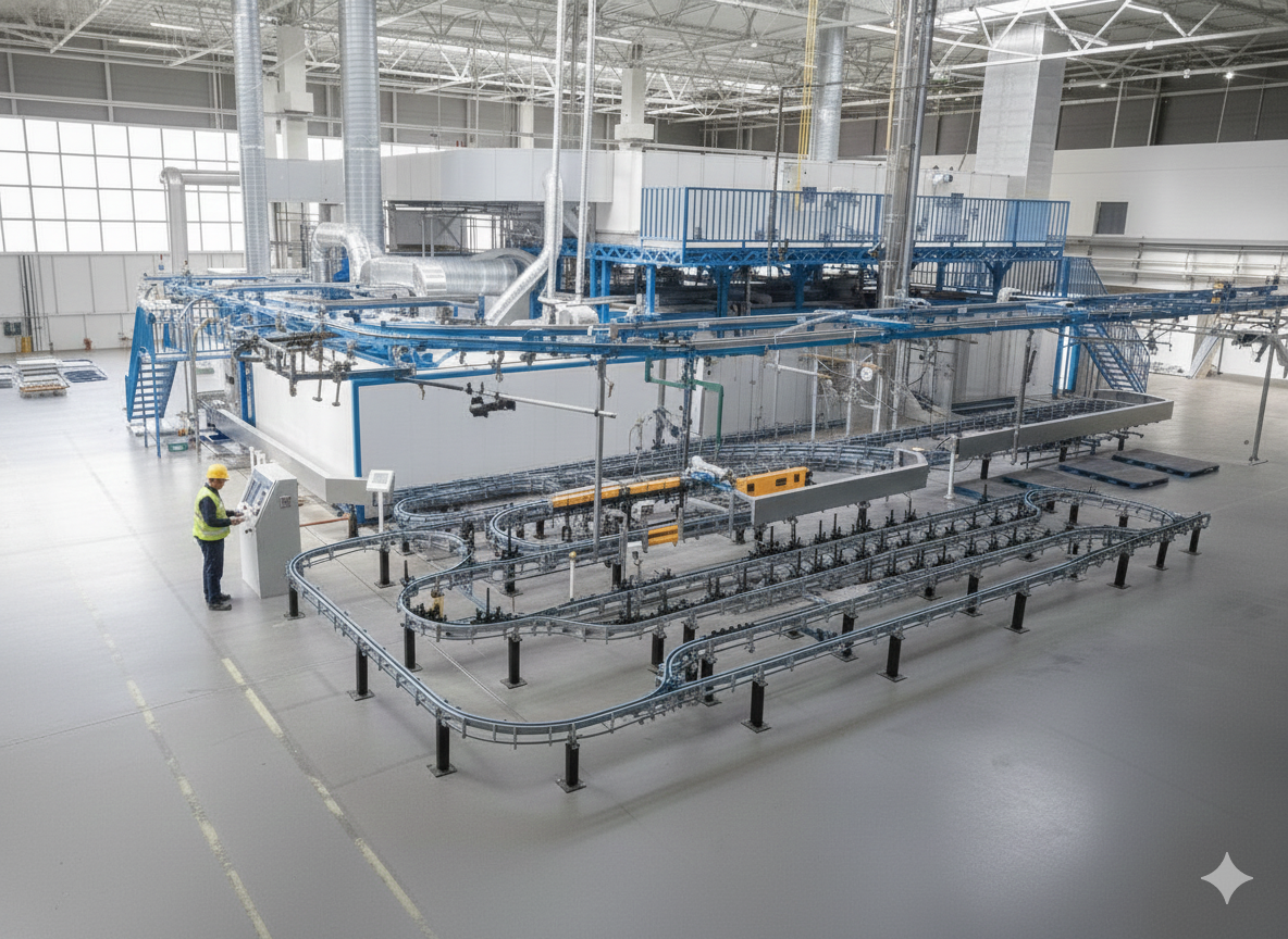Construction team working on automated paint line and industrial conveyor system setup